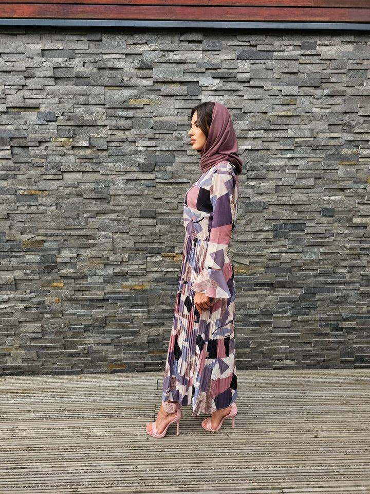 block plated dress,polyester dress,long sleeves,smamz modest formal wear