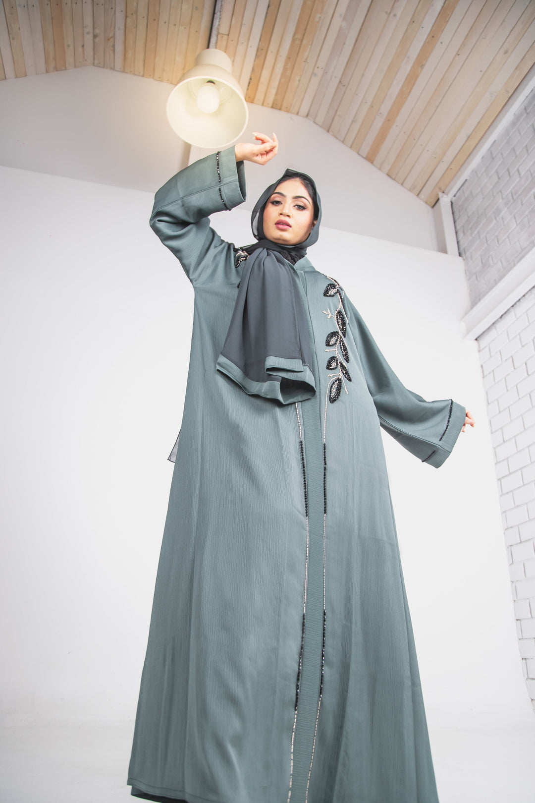 serene abaya,open abaya,green abaya,lush forest abaya,smamz open abaya,modest open abaya