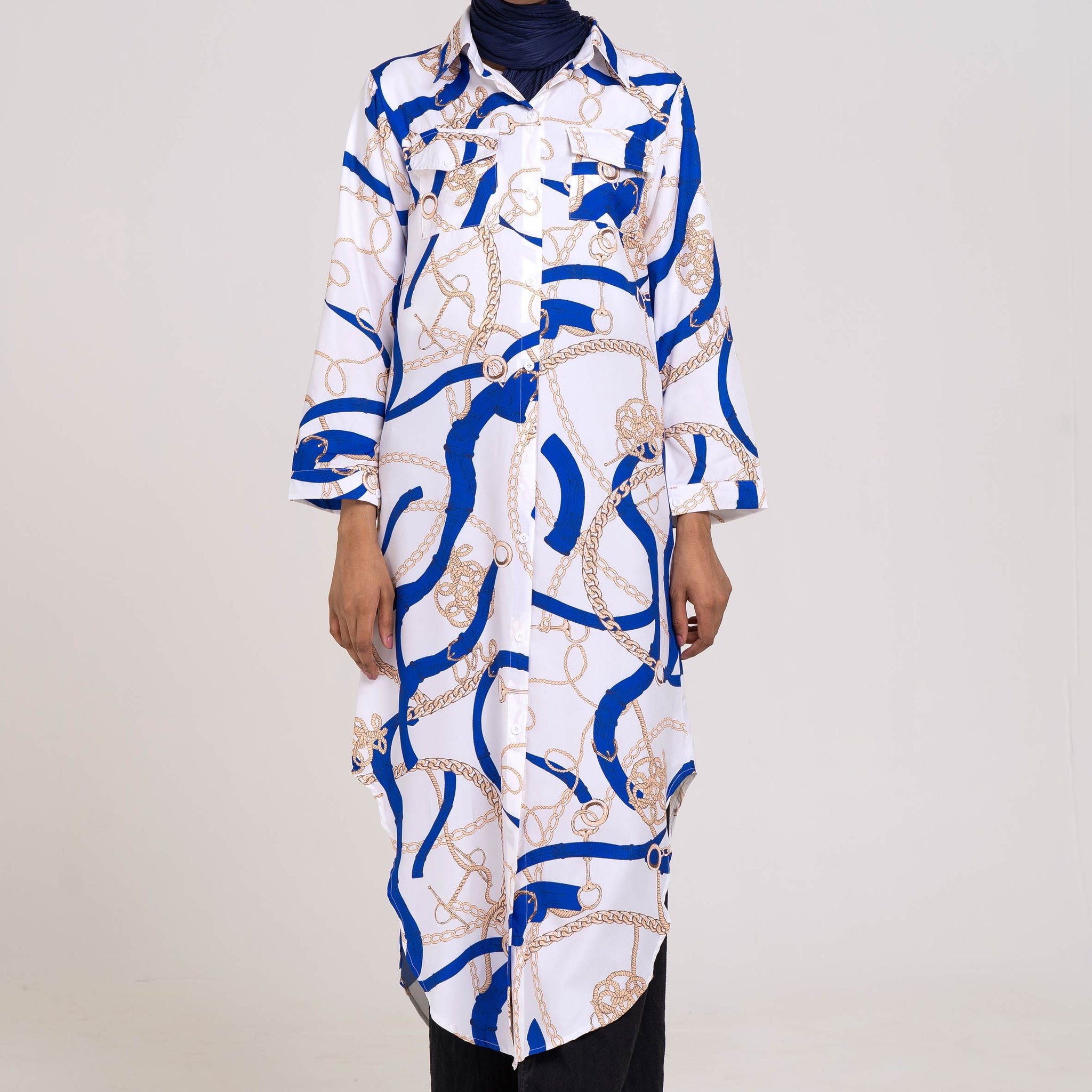 Signature Long Shirt Dress (White and blue)
