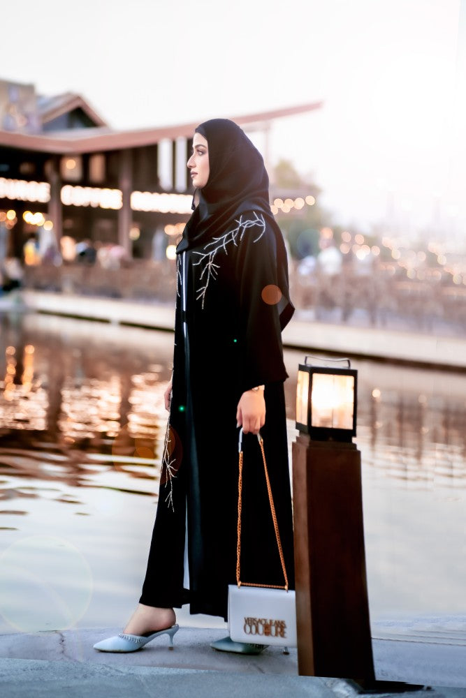 Timeless Threads Kimono Abaya, Kimono Abaya, outer abaya, three piece black , white abaya, inner short sleeve white dress, 3 piece abaya set